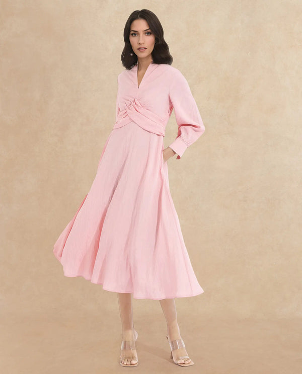 Rareism Women Samran Peach Bishop Sleeve V-Neck  Fit And Flare Maxi Plain Dress
