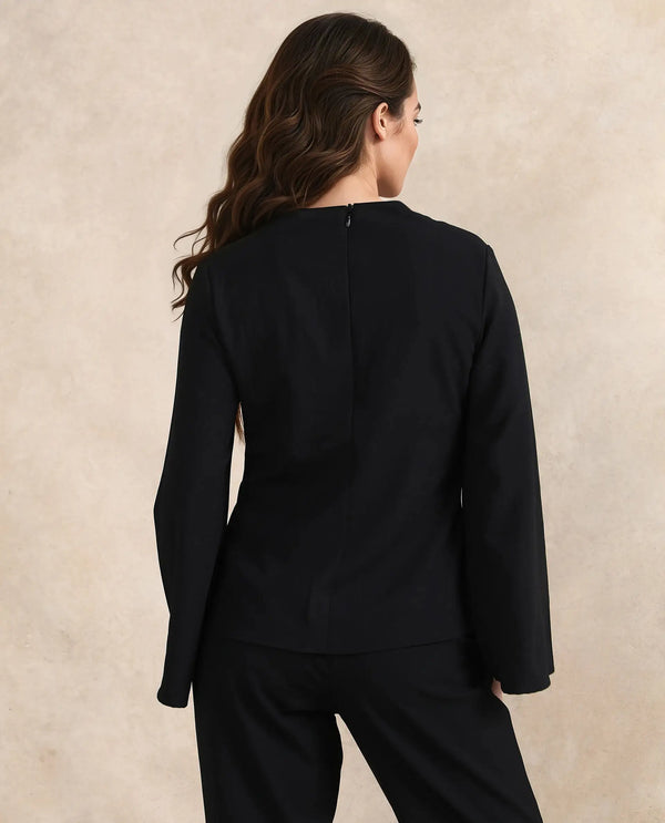 Rareism Women Sanchiyi Black Full Sleeve V-Neck Zipper Closure Fitted Plain Top