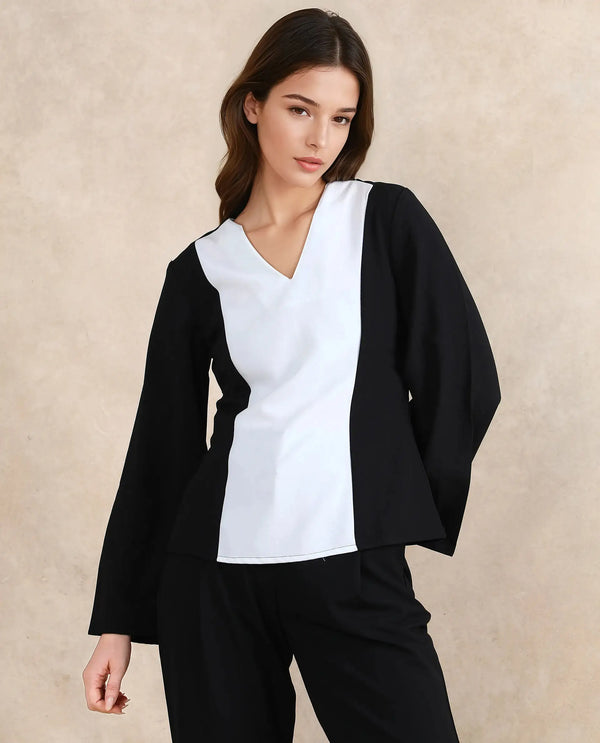 Rareism Women Sanchiyi Black Full Sleeve V-Neck Zipper Closure Fitted Plain Top