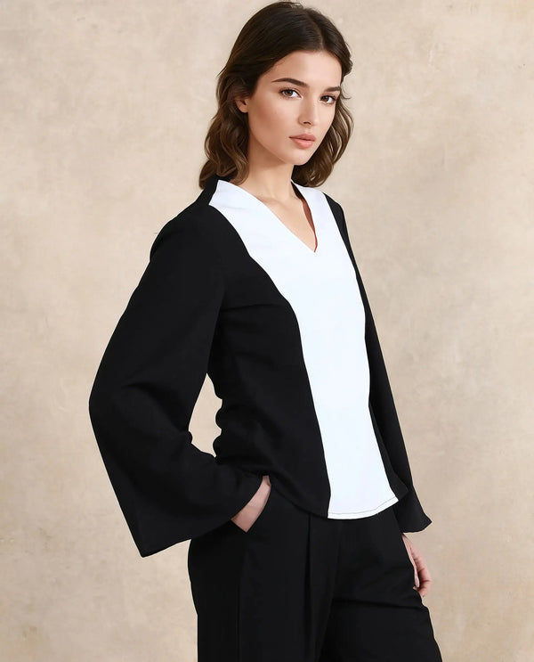 Rareism Women Sanchiyi Black Full Sleeve V-Neck Zipper Closure Fitted Plain Top