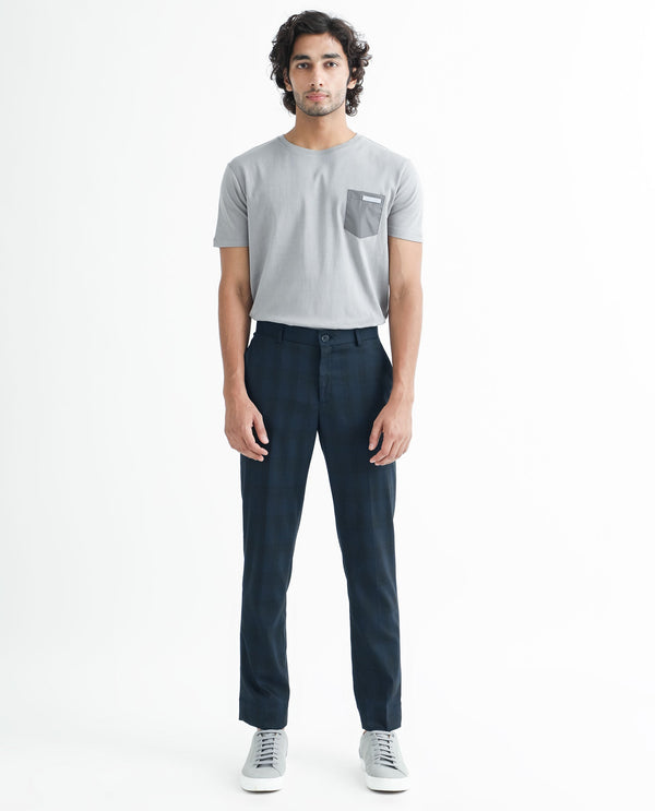 Rare Rabbit Men's Sander Navy Mid-Rise Regular Fit Checks Trouser