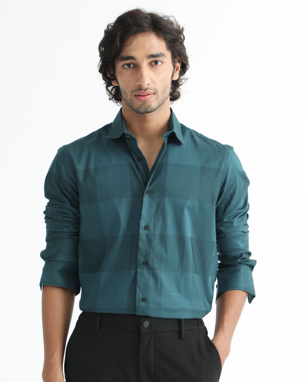 Rare Rabbit Men's Santhe Petrol Cotton Lycra Fabric Full Sleeves Regular Fit Tonal Checks Shirt