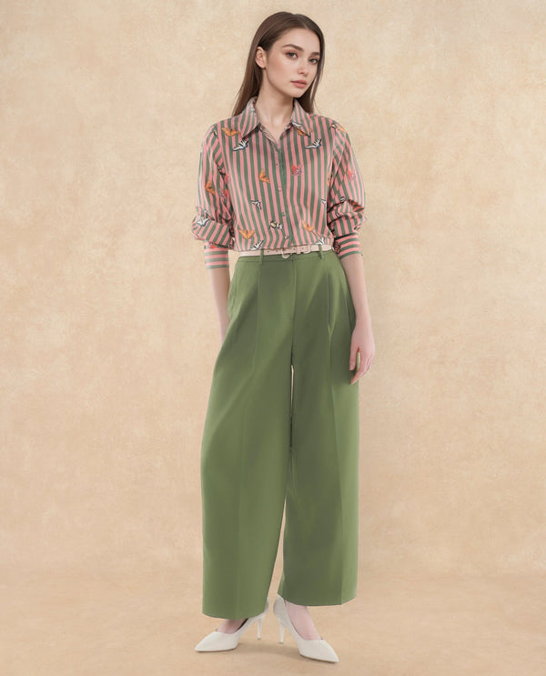 Rareism Women Sarin Olive Poly Viscose Fabric Button Closure Wide Fit Ankle Length Plain Trouser