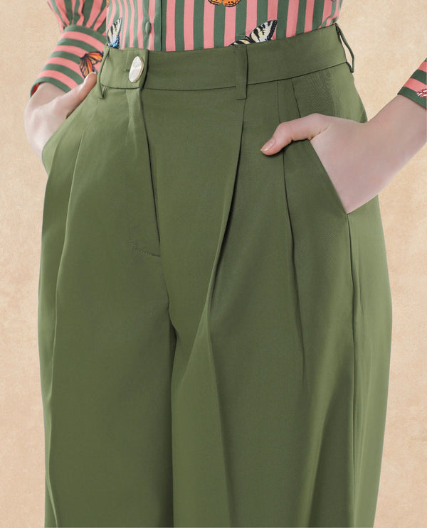 Rareism Women Sarin Olive Poly Viscose Fabric Button Closure Wide Fit Ankle Length Plain Trouser