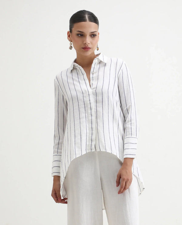 Rareism Women Sarry Blue Cotton Linen Fabric Regular Fit Shirt Collar Full Sleeves Solid Top