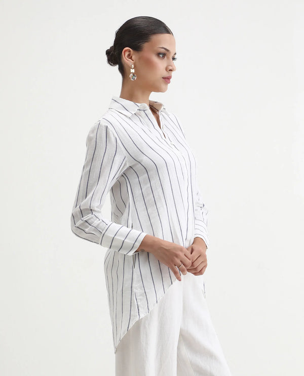 Rareism Women Sarry Blue Cotton Linen Fabric Regular Fit Shirt Collar Full Sleeves Solid Top