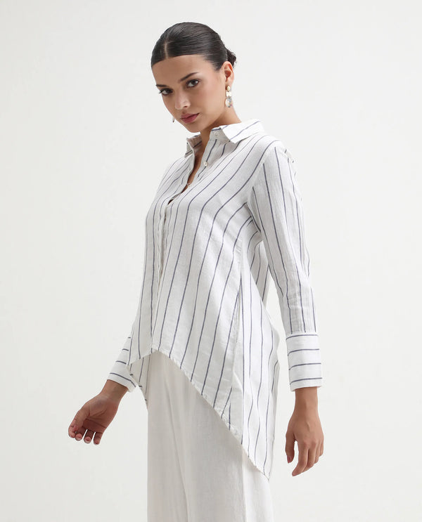 Rareism Women Sarry Blue Cotton Linen Fabric Regular Fit Shirt Collar Full Sleeves Solid Top