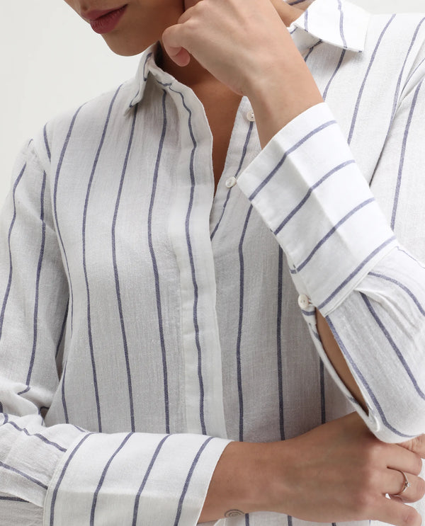 Rareism Women Sarry Blue Cotton Linen Fabric Regular Fit Shirt Collar Full Sleeves Solid Top