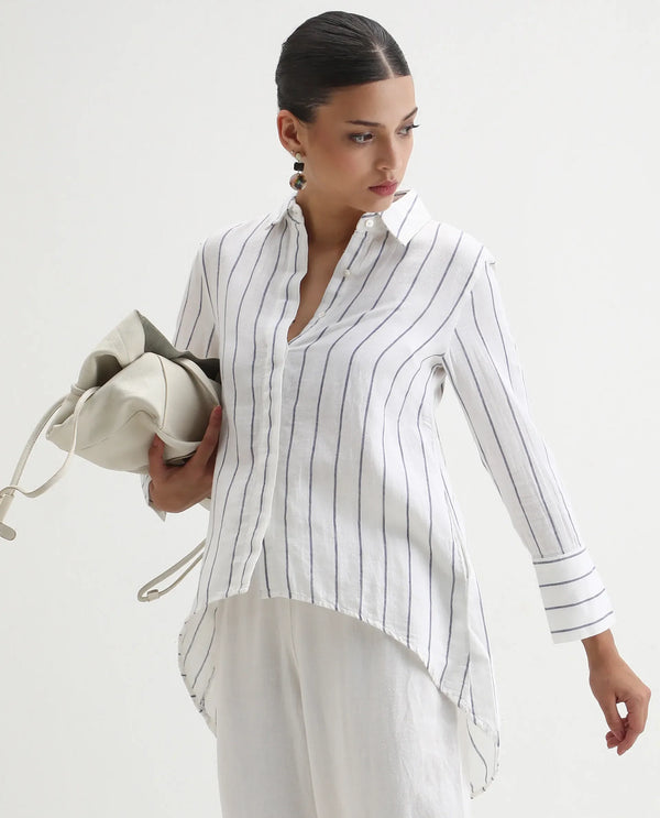 Rareism Women Sarry Blue Cotton Linen Fabric Regular Fit Shirt Collar Full Sleeves Solid Top