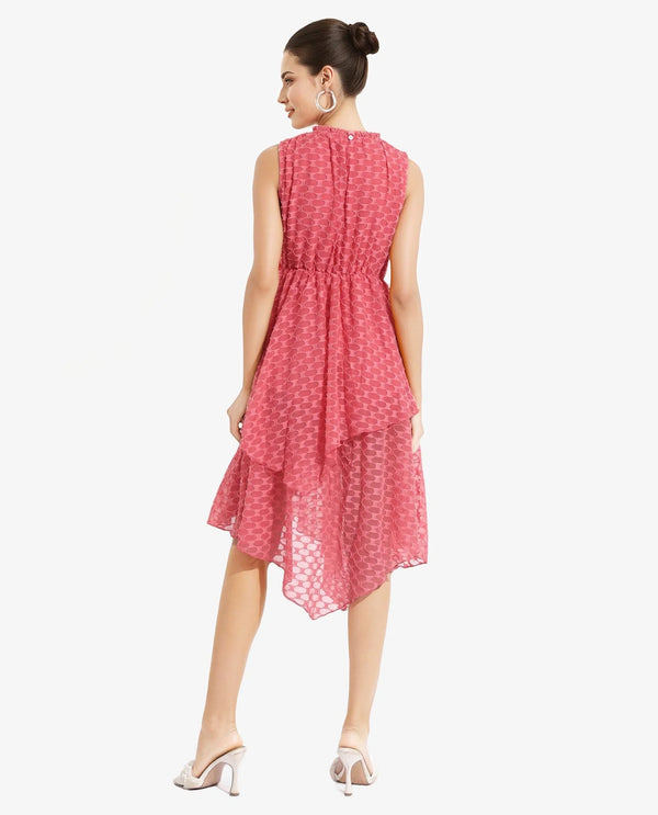 Rareism Women's Sarsa Pastel Pink Polyester Fabric Ruffled Neck Button Closure Sleeveless Jacquard Fit And Flare Midi Dress