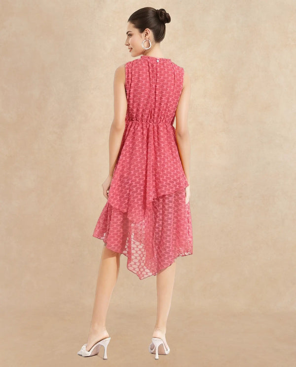 Rareism Women's Sarsa Pastel Pink Polyester Fabric Ruffled Neck Button Closure Sleeveless Jacquard Fit And Flare Midi Dress