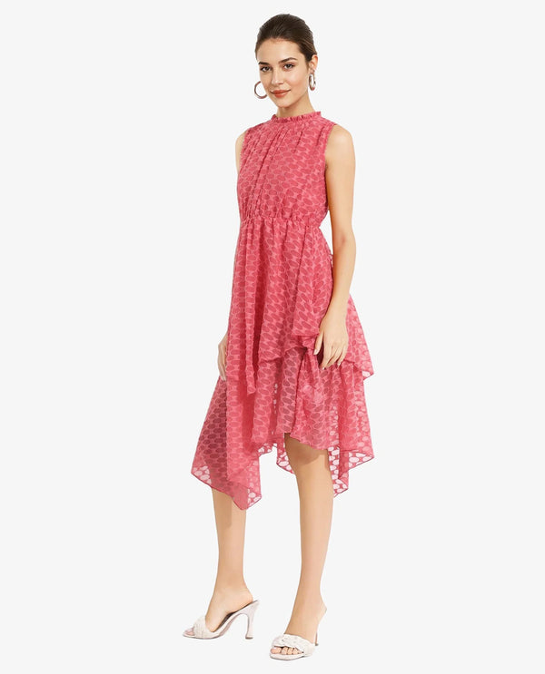 Rareism Women's Sarsa Pastel Pink Polyester Fabric Ruffled Neck Button Closure Sleeveless Jacquard Fit And Flare Midi Dress
