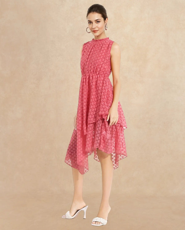 Rareism Women's Sarsa Pastel Pink Polyester Fabric Ruffled Neck Button Closure Sleeveless Jacquard Fit And Flare Midi Dress