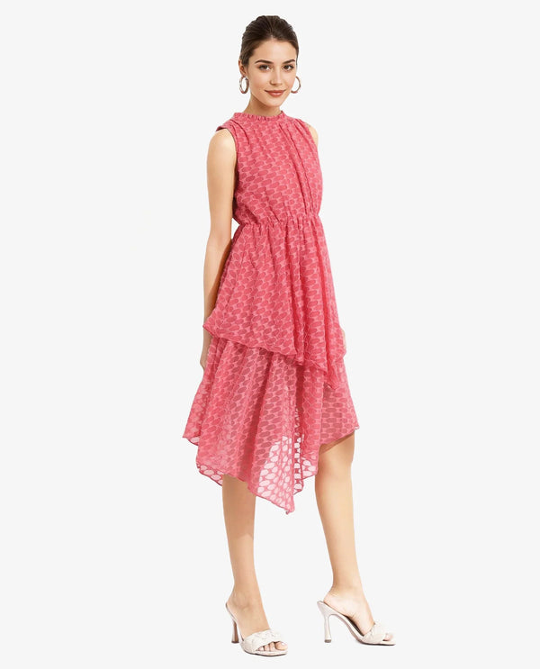 Rareism Women's Sarsa Pastel Pink Polyester Fabric Ruffled Neck Button Closure Sleeveless Jacquard Fit And Flare Midi Dress