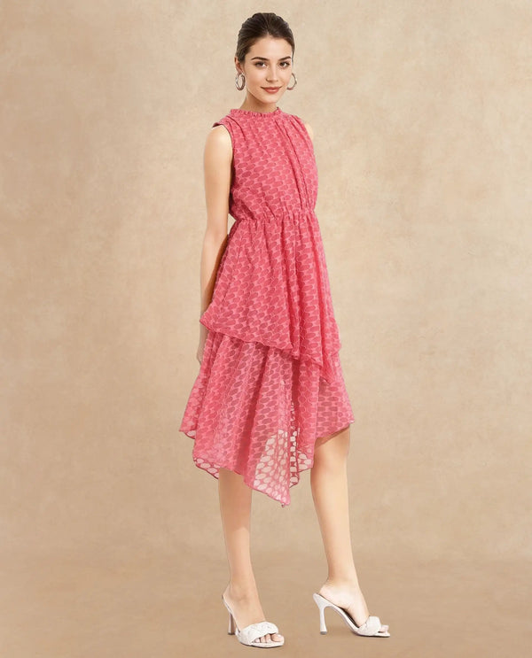 Rareism Women's Sarsa Pastel Pink Polyester Fabric Ruffled Neck Button Closure Sleeveless Jacquard Fit And Flare Midi Dress