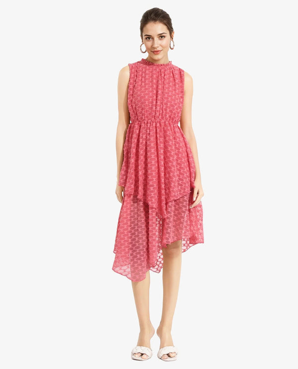 Rareism Women's Sarsa Pastel Pink Polyester Fabric Ruffled Neck Button Closure Sleeveless Jacquard Fit And Flare Midi Dress
