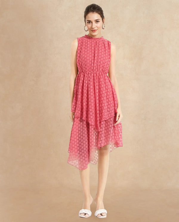 Rareism Women's Sarsa Pastel Pink Polyester Fabric Ruffled Neck Button Closure Sleeveless Jacquard Fit And Flare Midi Dress