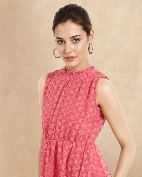 Rareism Women's Sarsa Pastel Pink Polyester Fabric Ruffled Neck Button Closure Sleeveless Jacquard Fit And Flare Midi Dress