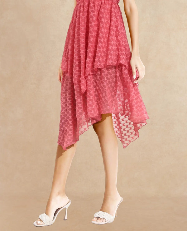 Rareism Women's Sarsa Pastel Pink Polyester Fabric Ruffled Neck Button Closure Sleeveless Jacquard Fit And Flare Midi Dress