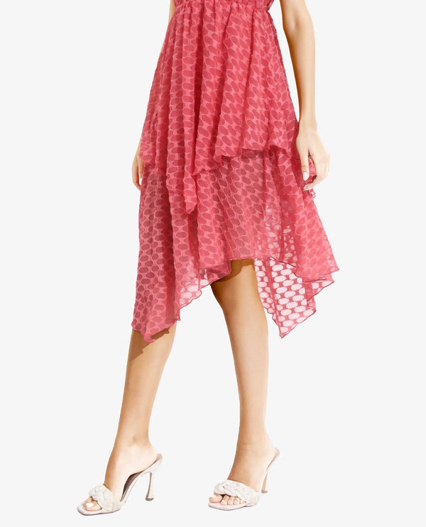 Rareism Women's Sarsa Pastel Pink Polyester Fabric Ruffled Neck Button Closure Sleeveless Jacquard Fit And Flare Midi Dress