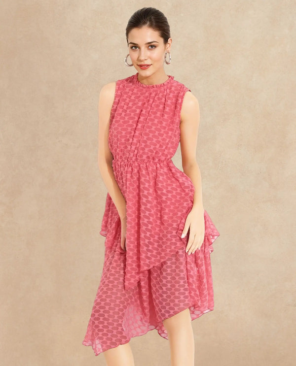 Rareism Women's Sarsa Pastel Pink Polyester Fabric Ruffled Neck Button Closure Sleeveless Jacquard Fit And Flare Midi Dress