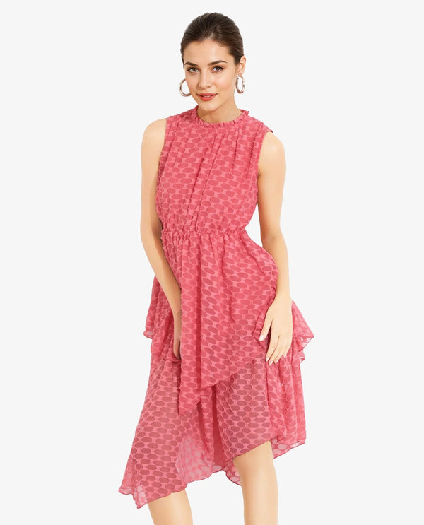 Rareism Women's Sarsa Pastel Pink Polyester Fabric Ruffled Neck Button Closure Sleeveless Jacquard Fit And Flare Midi Dress