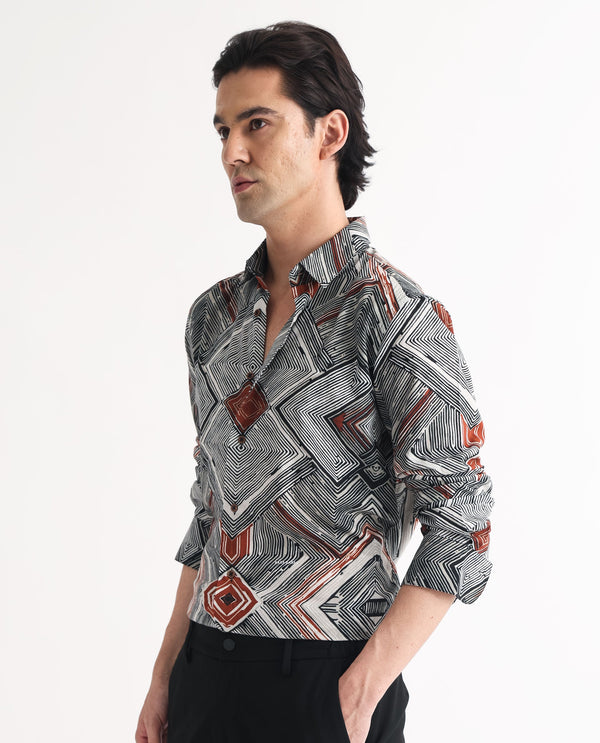 Rare Rabbit Men's Sart Brown Cotton Modal Fabric Geometric Print Full Sleeves Shirt