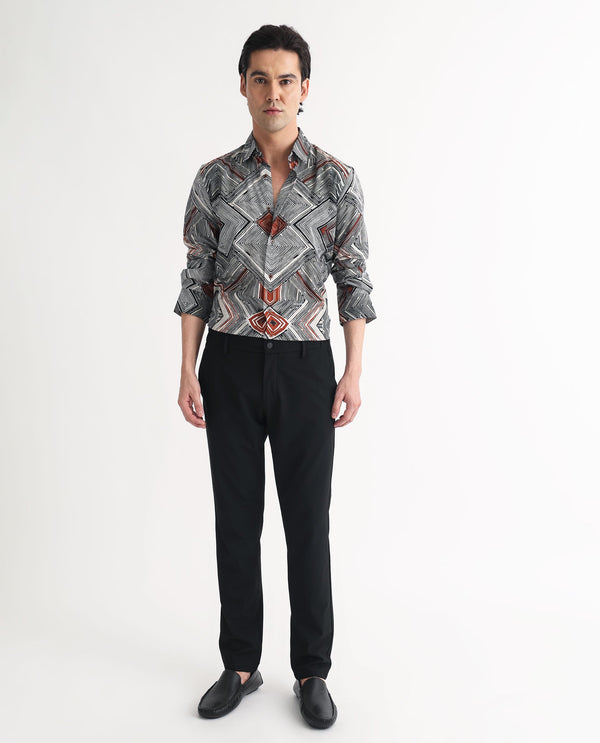 Rare Rabbit Men's Sart Brown Cotton Modal Fabric Geometric Print Full Sleeves Shirt