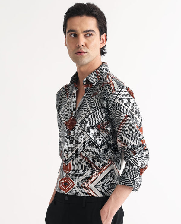 Rare Rabbit Men's Sart Brown Cotton Modal Fabric Geometric Print Full Sleeves Shirt