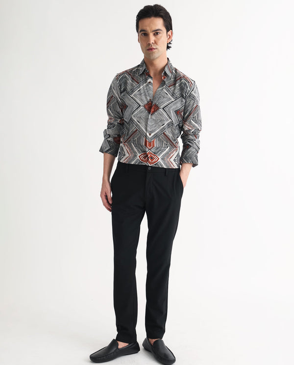 Rare Rabbit Men's Sart Brown Cotton Modal Fabric Geometric Print Full Sleeves Shirt