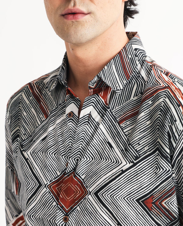 Rare Rabbit Men's Sart Brown Cotton Modal Fabric Geometric Print Full Sleeves Shirt