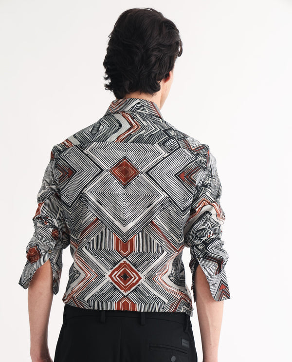 Rare Rabbit Men's Sart Brown Cotton Modal Fabric Geometric Print Full Sleeves Shirt