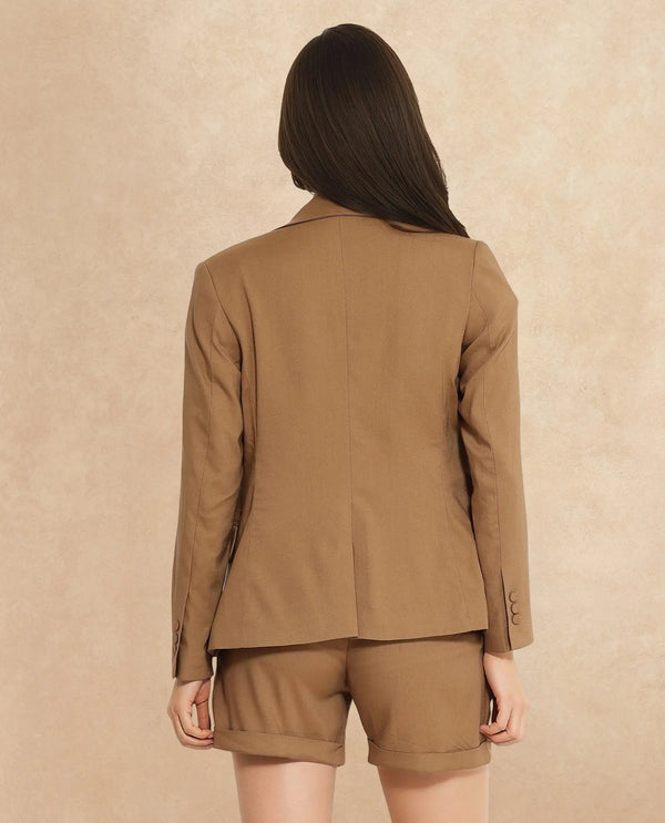 Rareism Women Sarvi Dark Khaki Full Sleeve Lapel Neck Button Plain Blazer