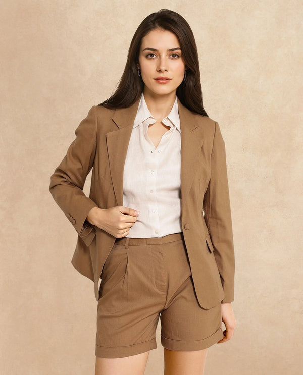 Rareism Women Sarvi Dark Khaki Full Sleeve Lapel Neck Button Plain Blazer