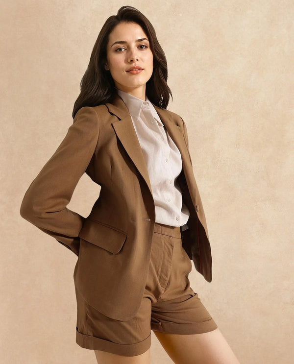 Rareism Women Sarvi Dark Khaki Full Sleeve Lapel Neck Button Plain Blazer