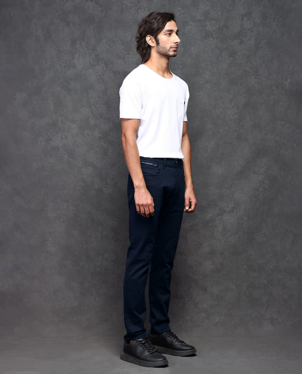 Rare Rabbit Men's Satinx Navy Dark Wash Satin Stretch Mid-Rise Slim Fit Jeans