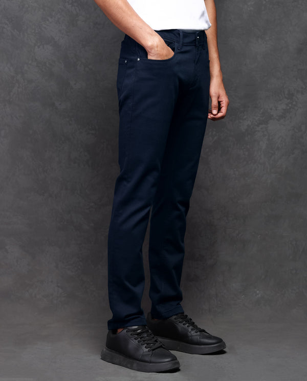 Rare Rabbit Men's Satinx Navy Dark Wash Satin Stretch Mid-Rise Slim Fit Jeans