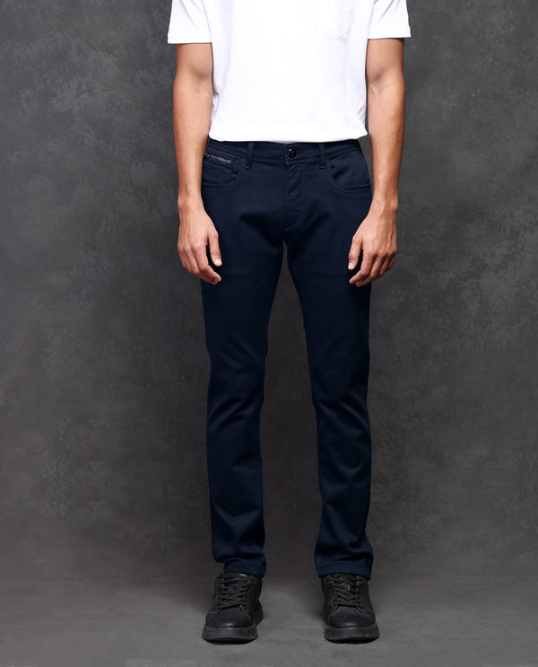 Rare Rabbit Men's Satinx Navy Dark Wash Satin Stretch Mid-Rise Slim Fit Jeans