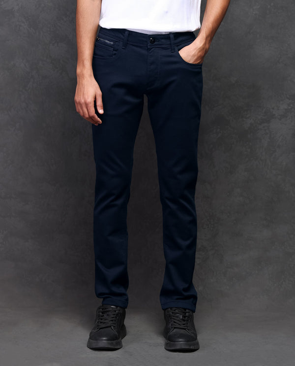 Rare Rabbit Men's Satinx Navy Dark Wash Satin Stretch Mid-Rise Slim Fit Jeans