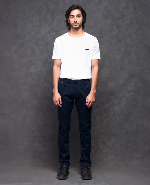 Rare Rabbit Men's Satinx Navy Dark Wash Satin Stretch Mid-Rise Slim Fit Jeans