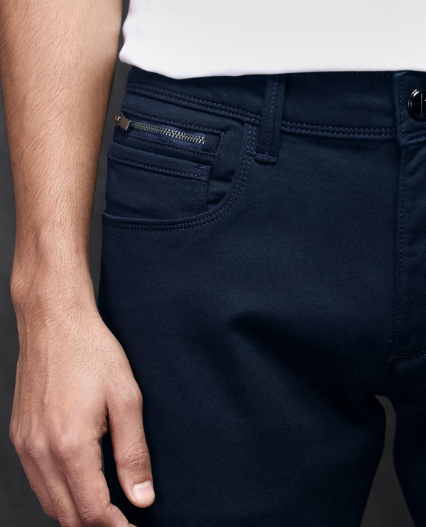 Rare Rabbit Men's Satinx Navy Dark Wash Satin Stretch Mid-Rise Slim Fit Jeans