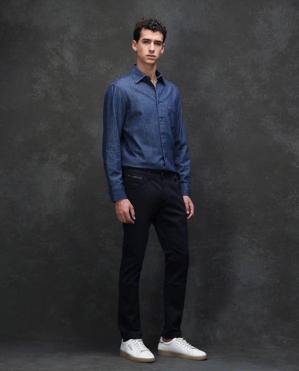Rare Rabbit Men's Satinx Navy Dark Wash Satin Stretch Mid-Rise Slim Fit Jeans