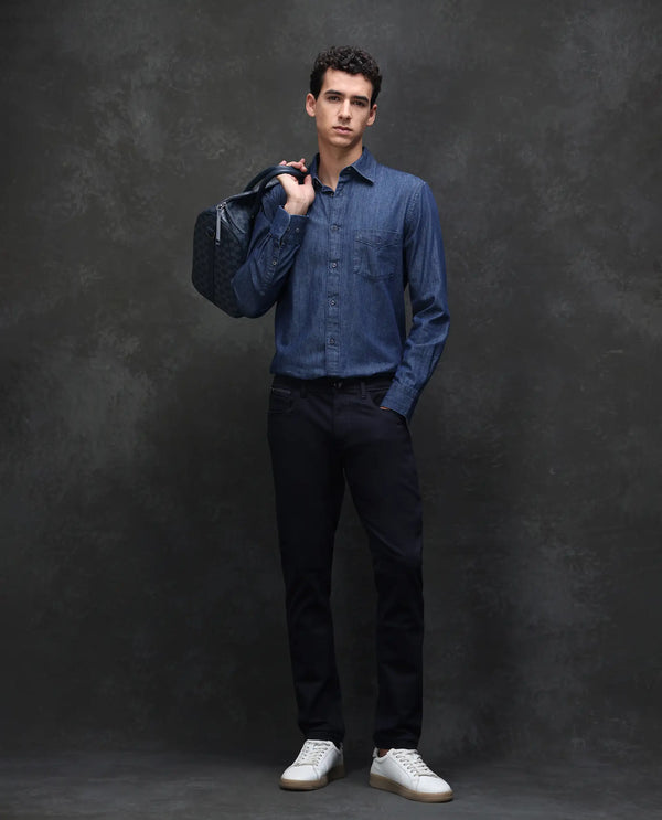 Rare Rabbit Men's Satinx Navy Dark Wash Satin Stretch Mid-Rise Slim Fit Jeans