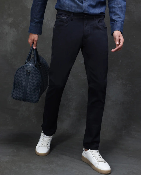 Rare Rabbit Men's Satinx Navy Dark Wash Satin Stretch Mid-Rise Slim Fit Jeans