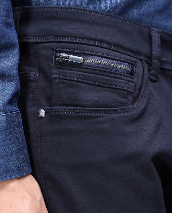 Rare Rabbit Men's Satinx Navy Dark Wash Satin Stretch Mid-Rise Slim Fit Jeans