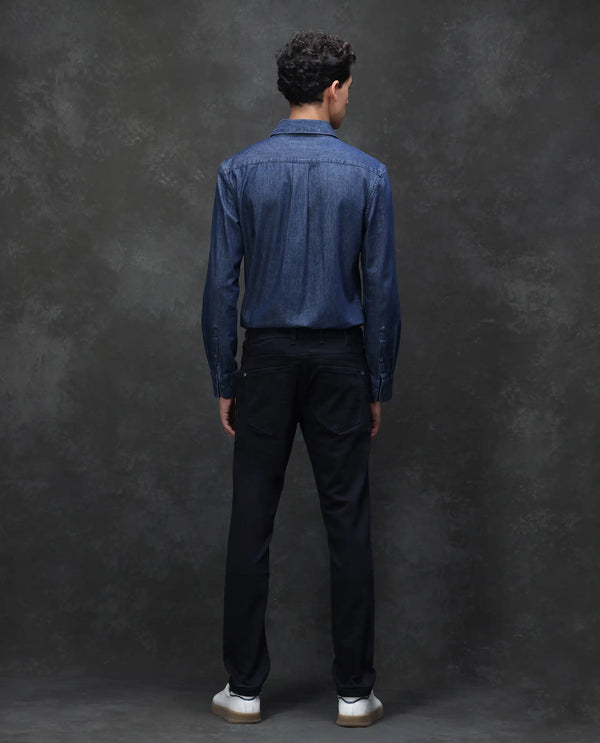 Rare Rabbit Men's Satinx Navy Dark Wash Satin Stretch Mid-Rise Slim Fit Jeans
