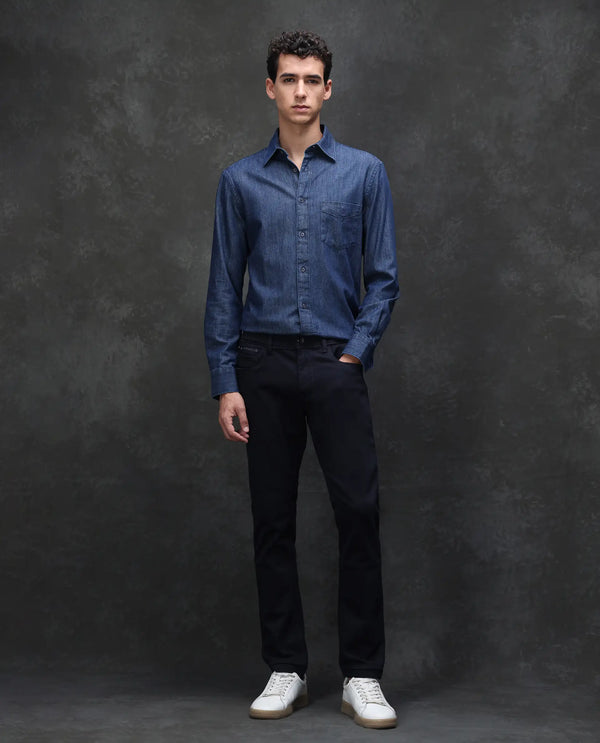 Rare Rabbit Men's Satinx Navy Dark Wash Satin Stretch Mid-Rise Slim Fit Jeans