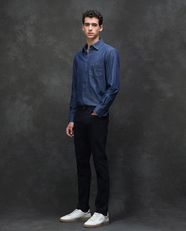 Rare Rabbit Men's Satinx Navy Dark Wash Satin Stretch Mid-Rise Slim Fit Jeans
