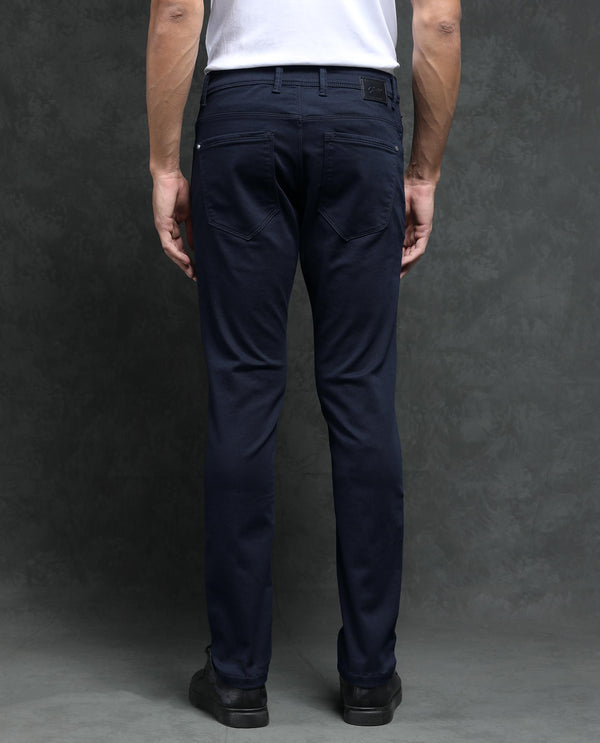 Rare Rabbit Men's Saton Navy Dark Wash Mid-Rise Satin Stretch Slim Fit Jeans