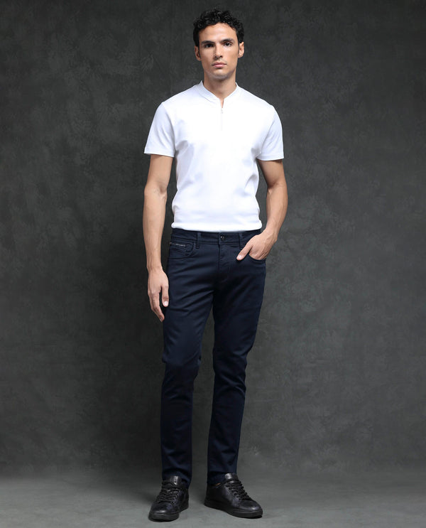 Rare Rabbit Men's Saton Navy Dark Wash Mid-Rise Satin Stretch Slim Fit Jeans